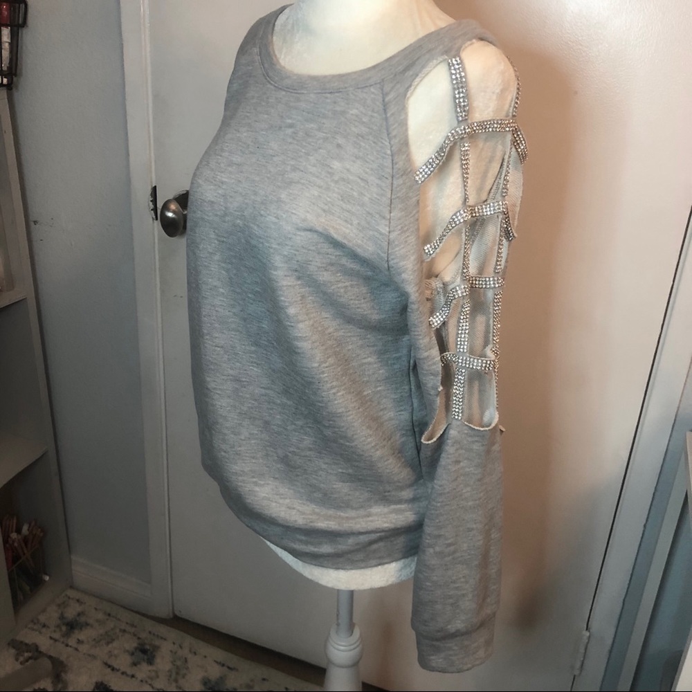 Scoop gray sweater with a diamond beaded shoulder